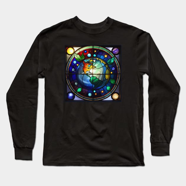 Stained Glass Earth Inspiration Long Sleeve T-Shirt by Aurora X